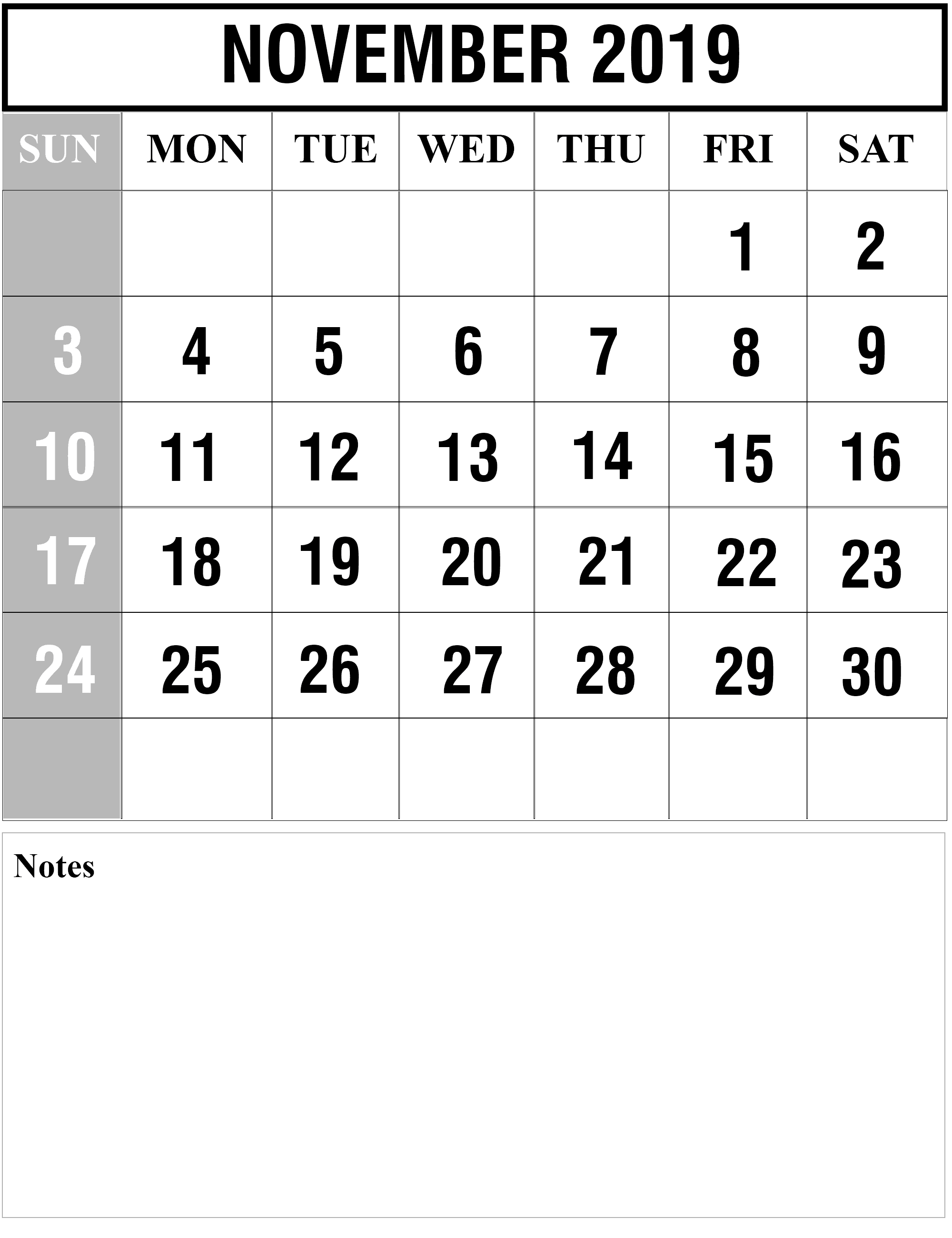 November calendar 2019