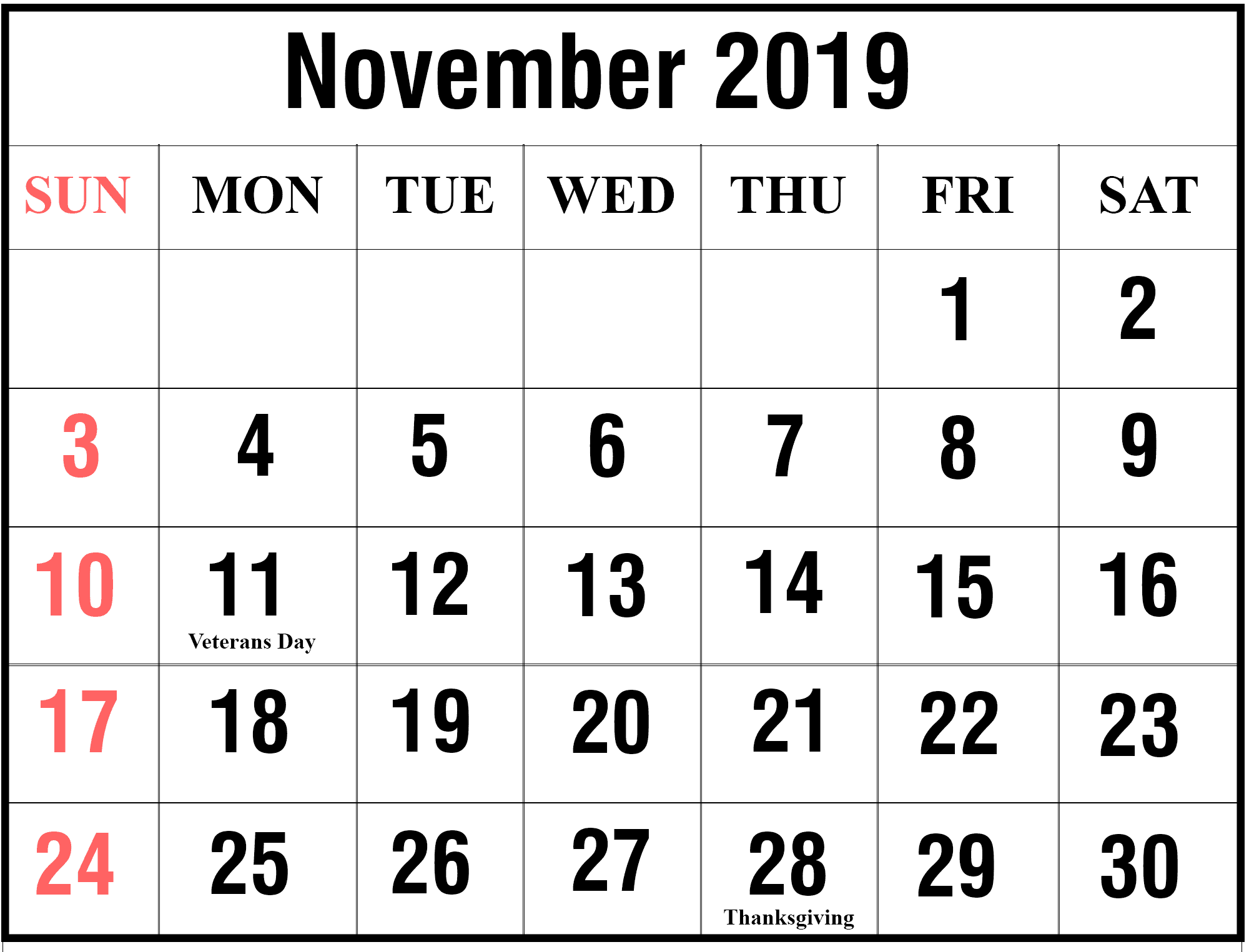 Calendar templates for November