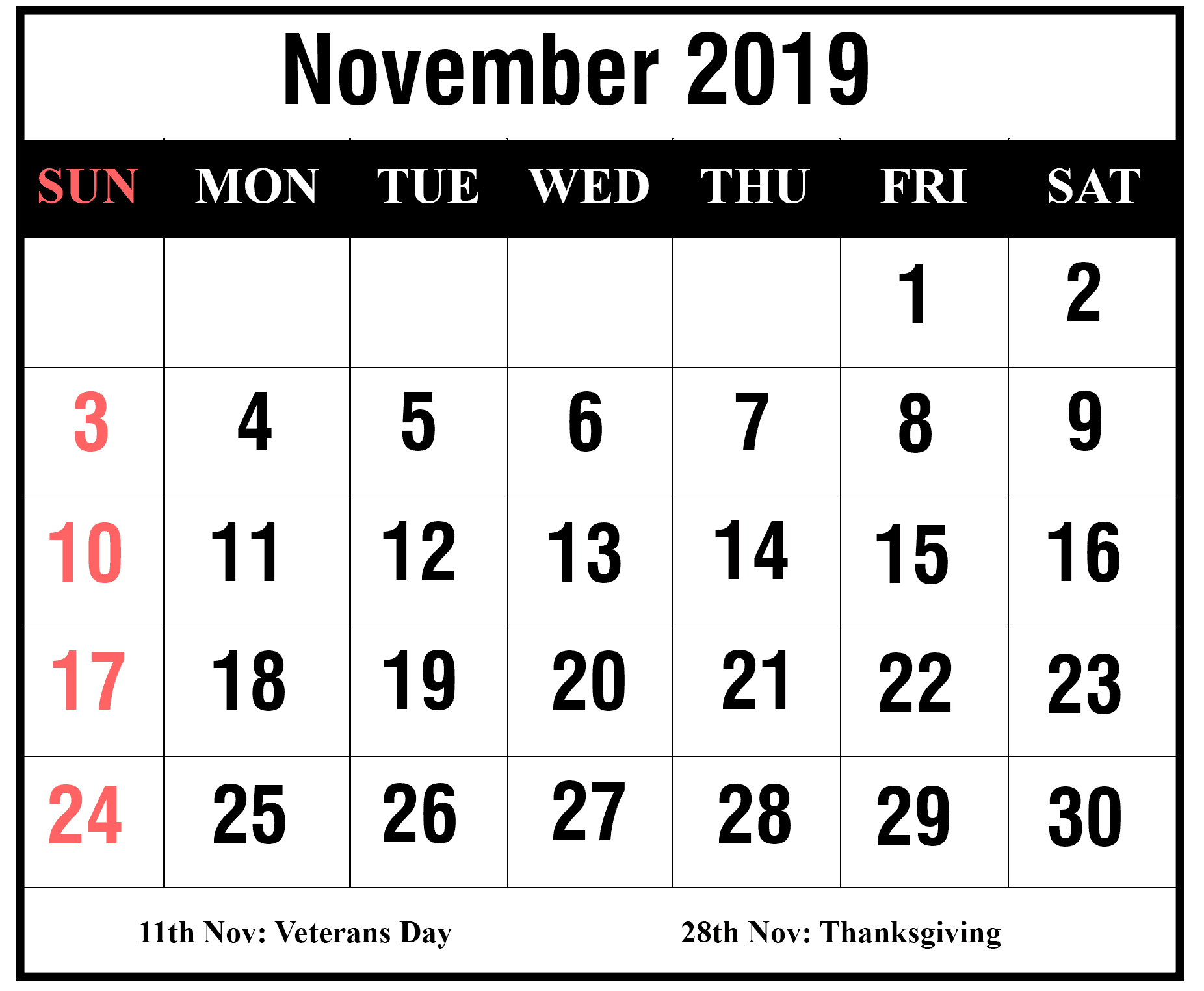 2019 November Calendar Printable