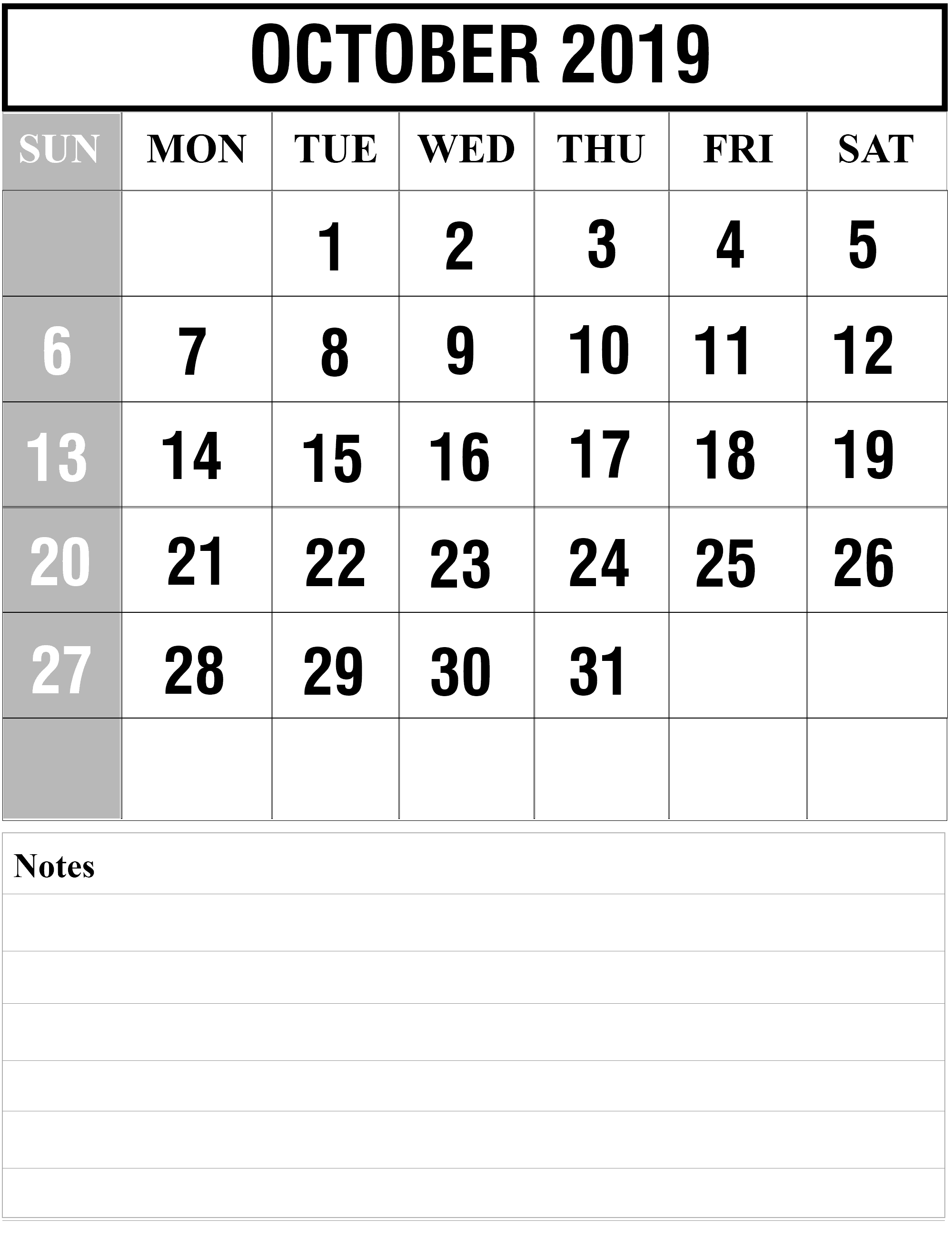 October 2019 Calendar Printable