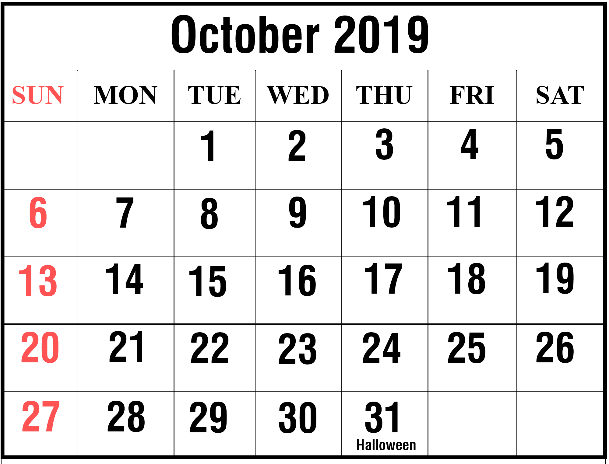 October 2019 Printable Calendar 