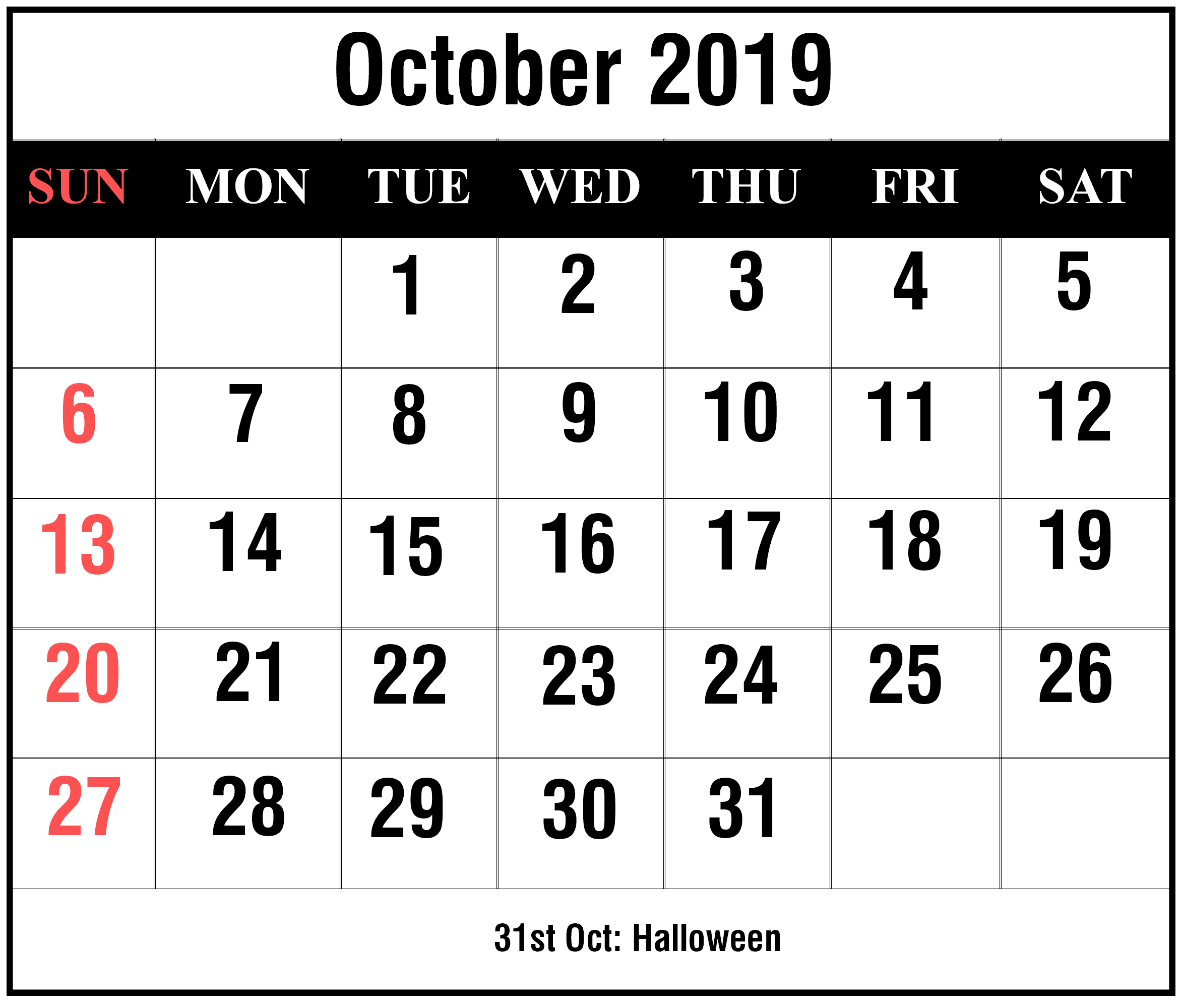 2019 October Calendar Printable