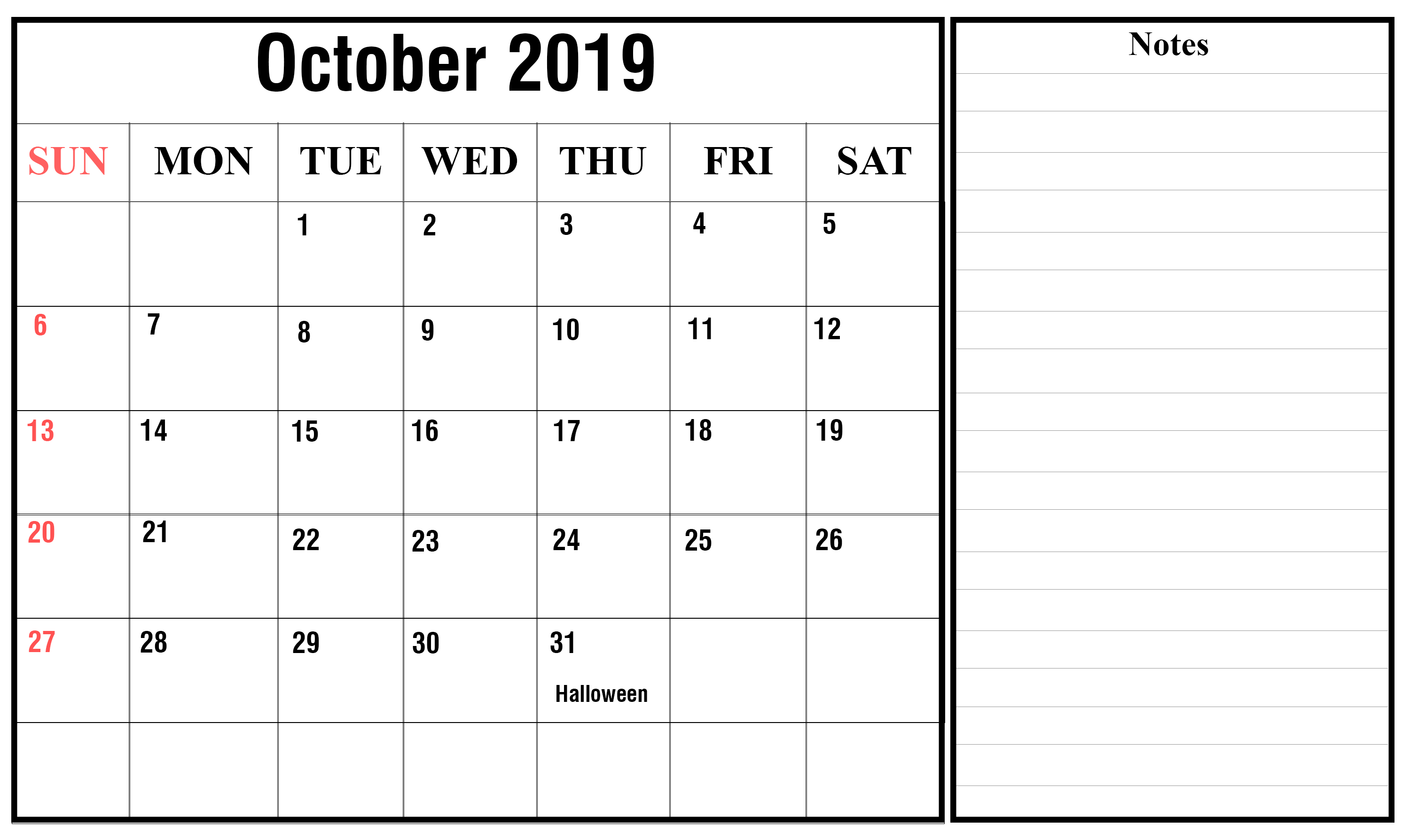 October Calendar 2019