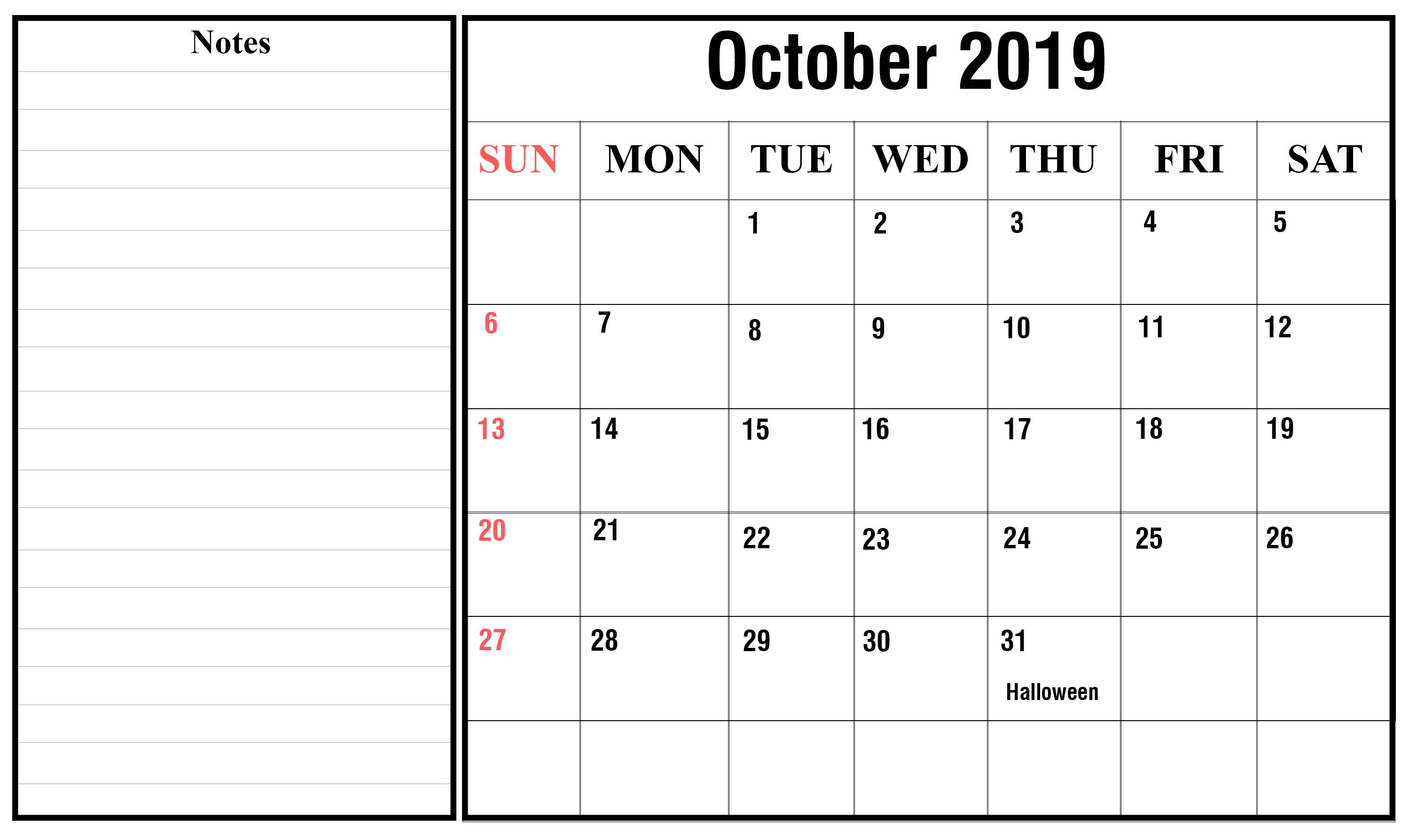 October Calendar 2019 with Holidays