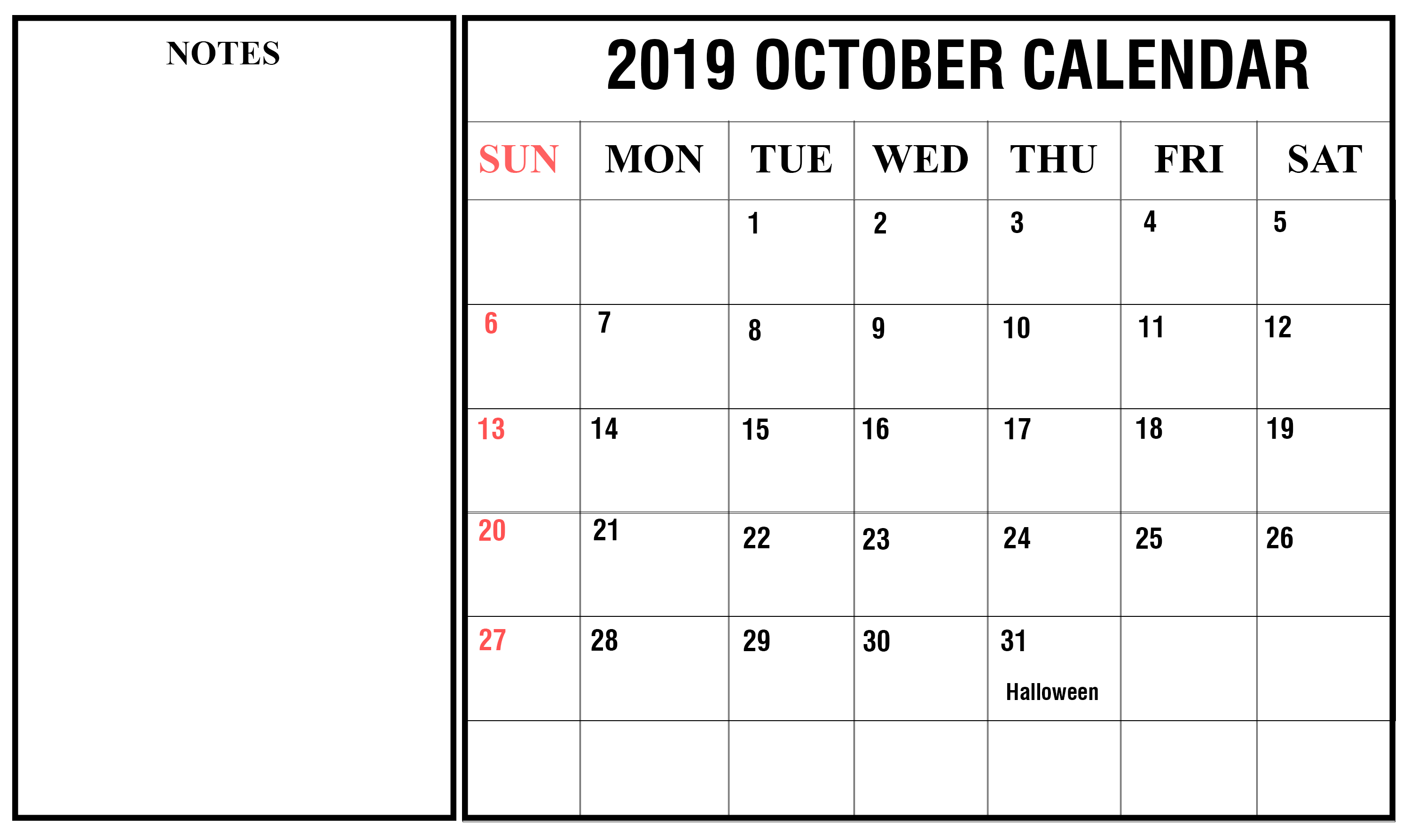 2019 October Holidays Calendar