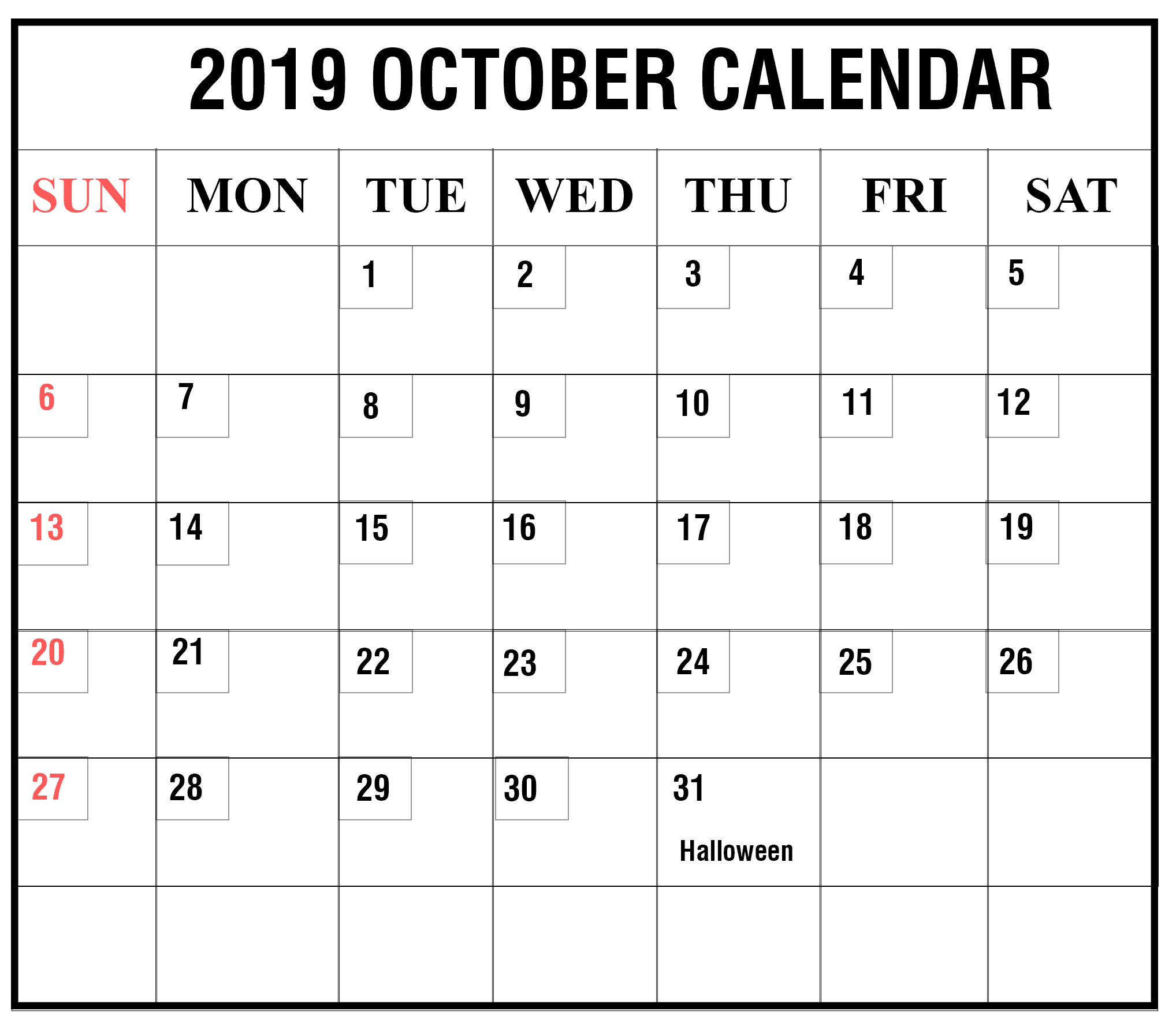 October Calendar 2019 Editable