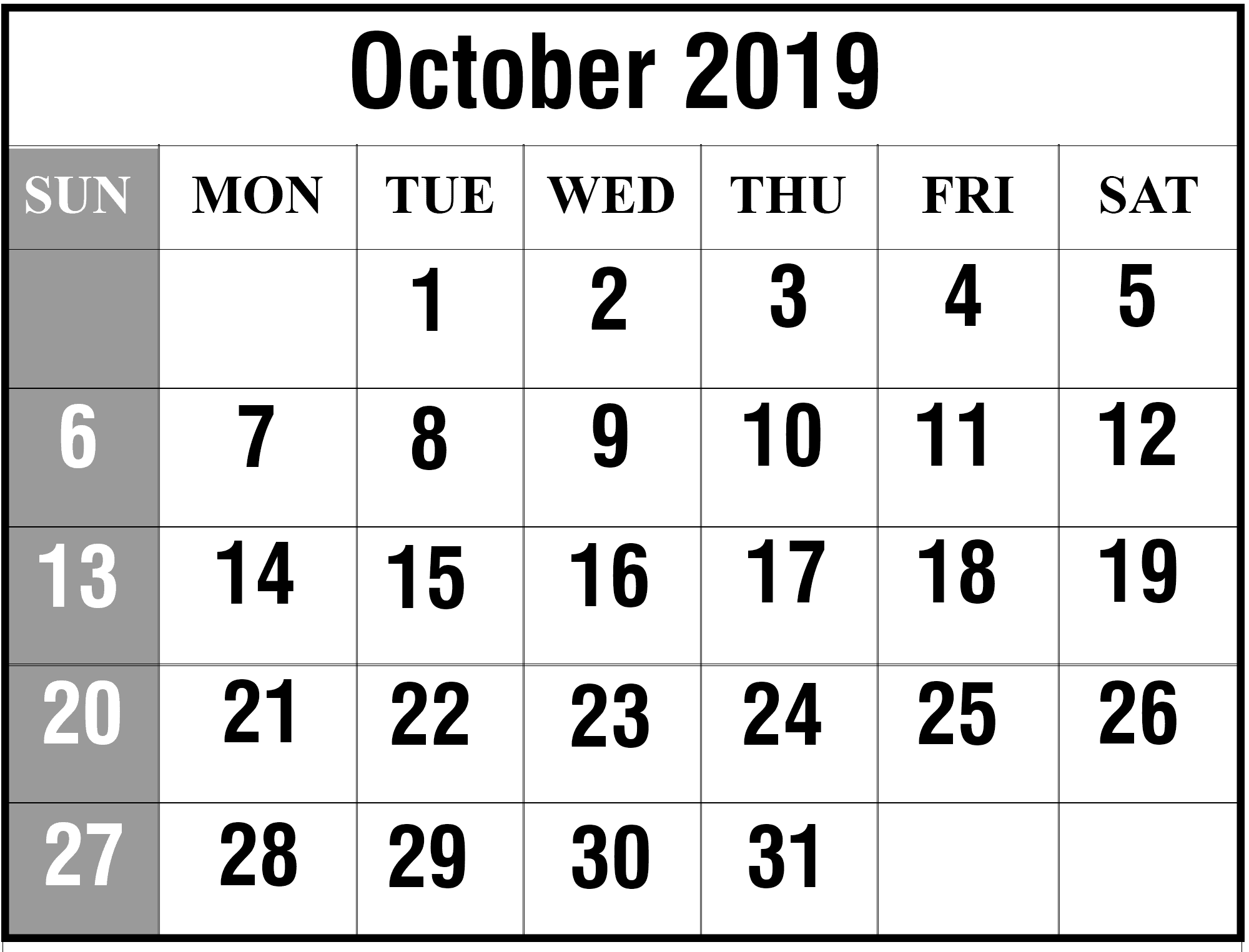 October Editable Calendar 2019