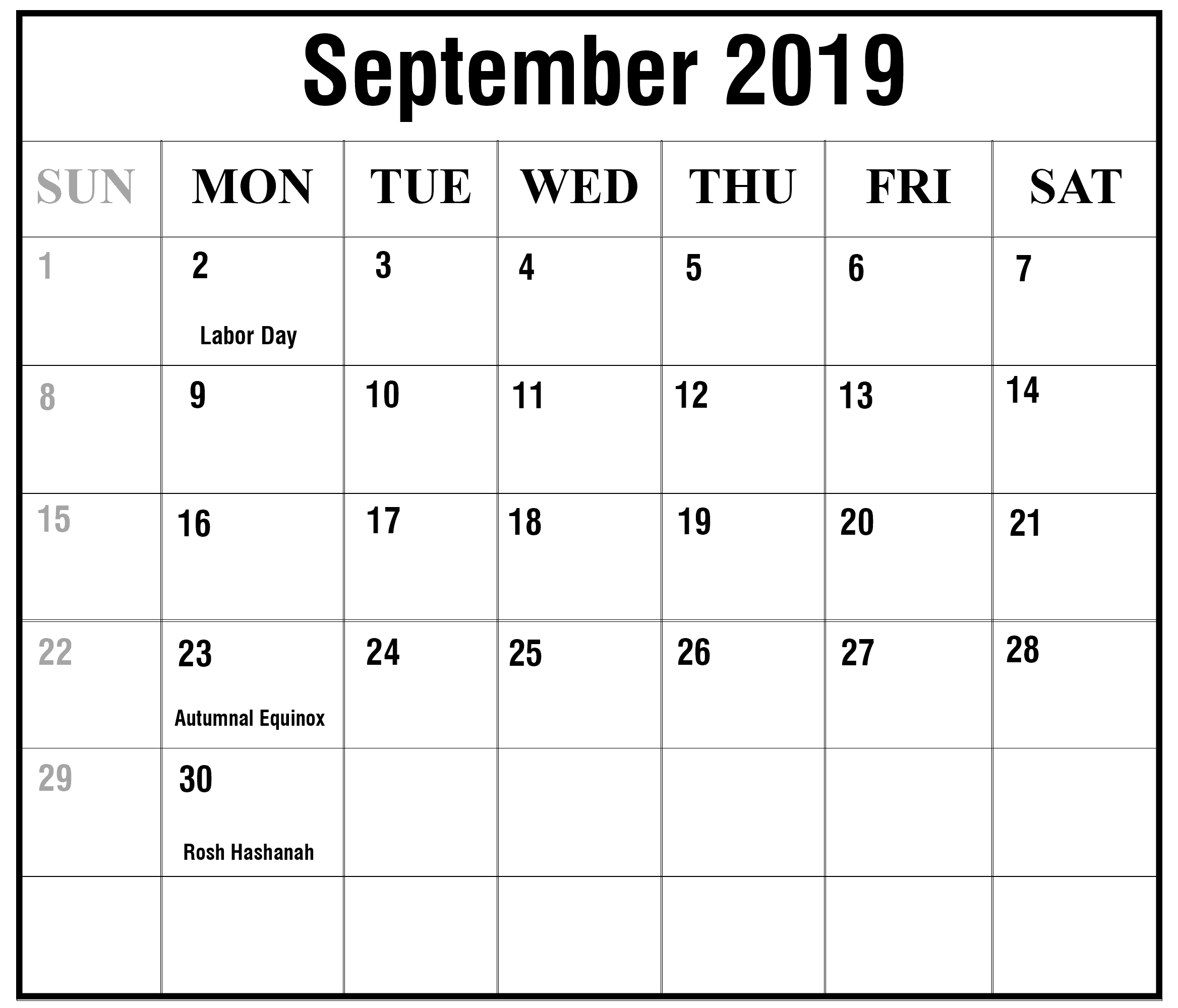 Calendar template September 2019