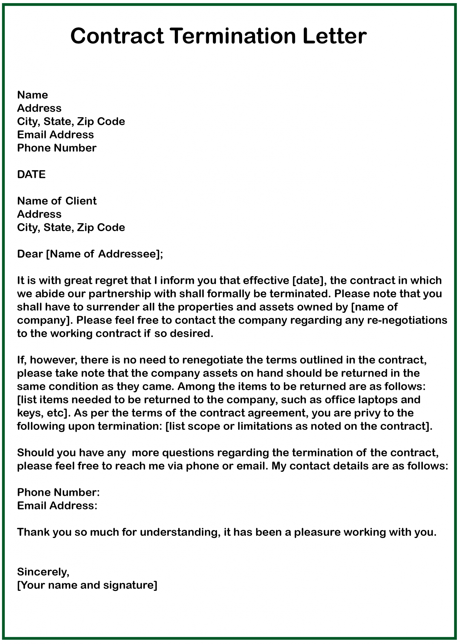 Letter Of Contract Termination Template
