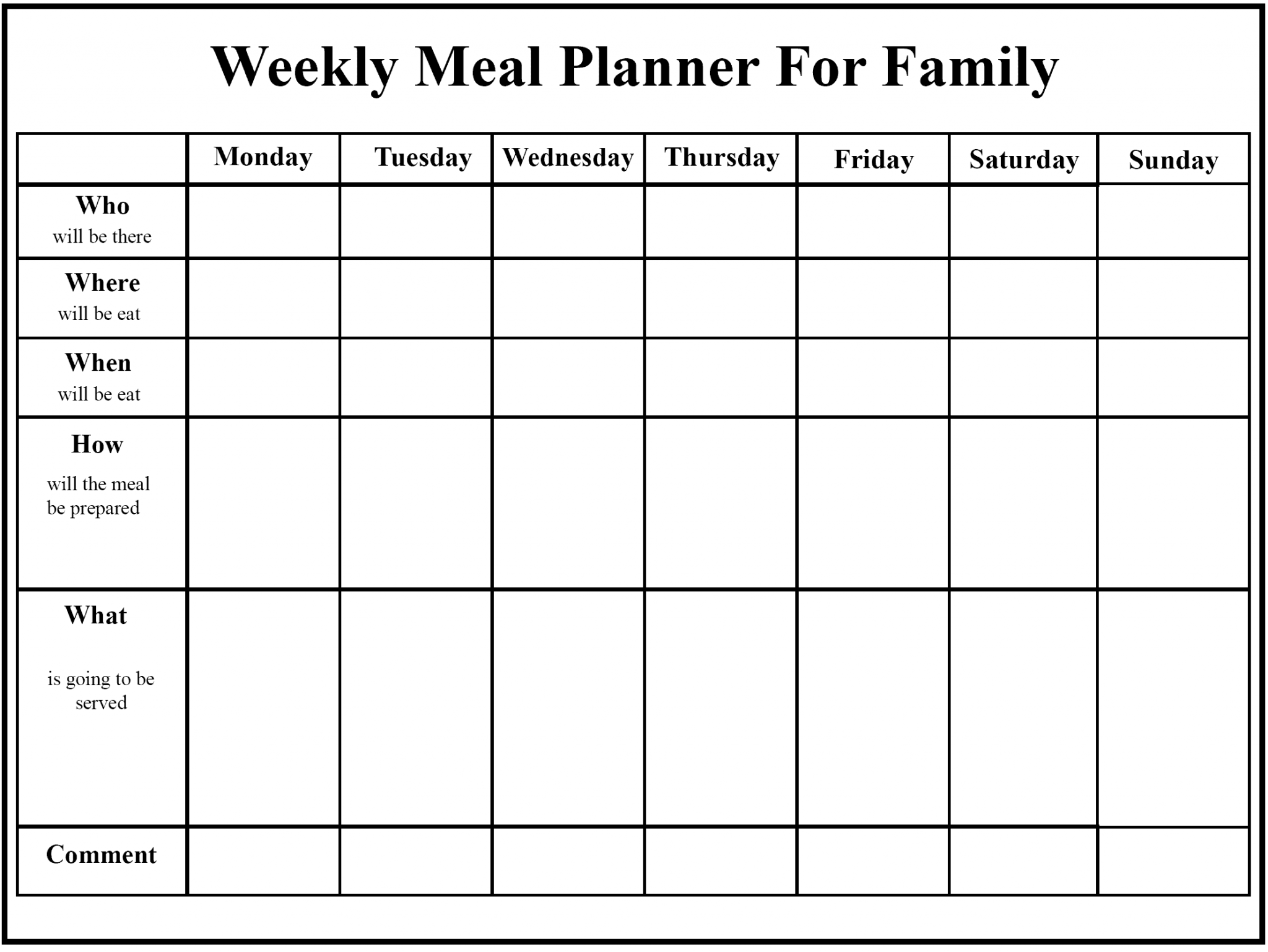 weekly meal planner template printable free