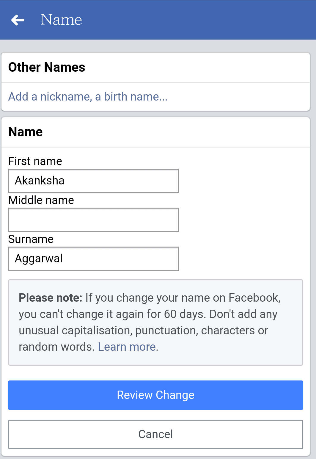 facebook name change