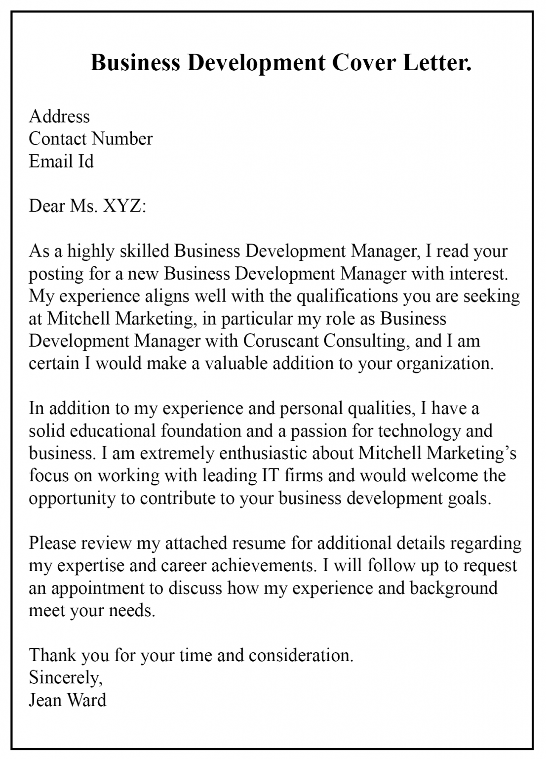 example of cover letter of business development