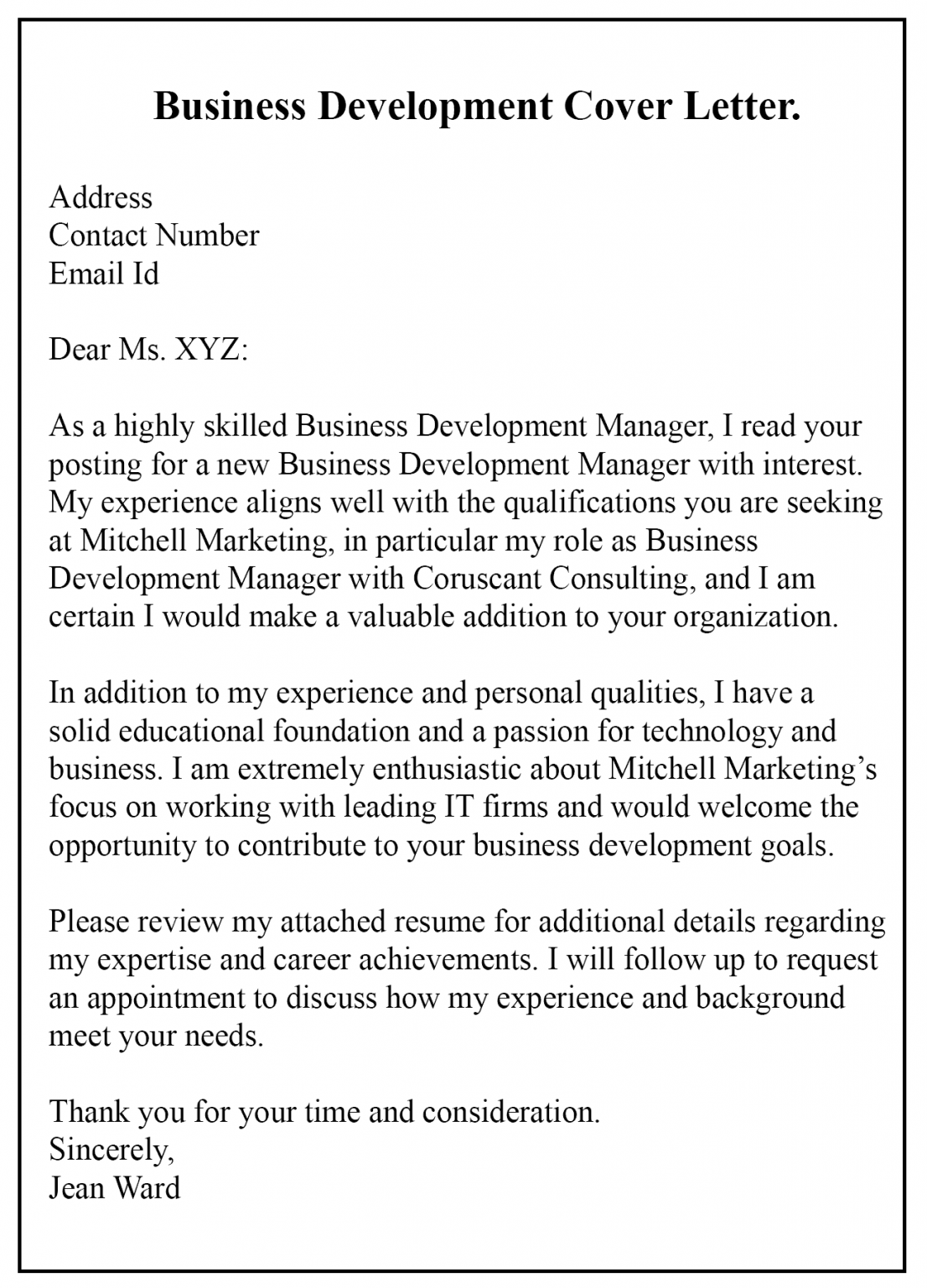 cover letter for applying business development