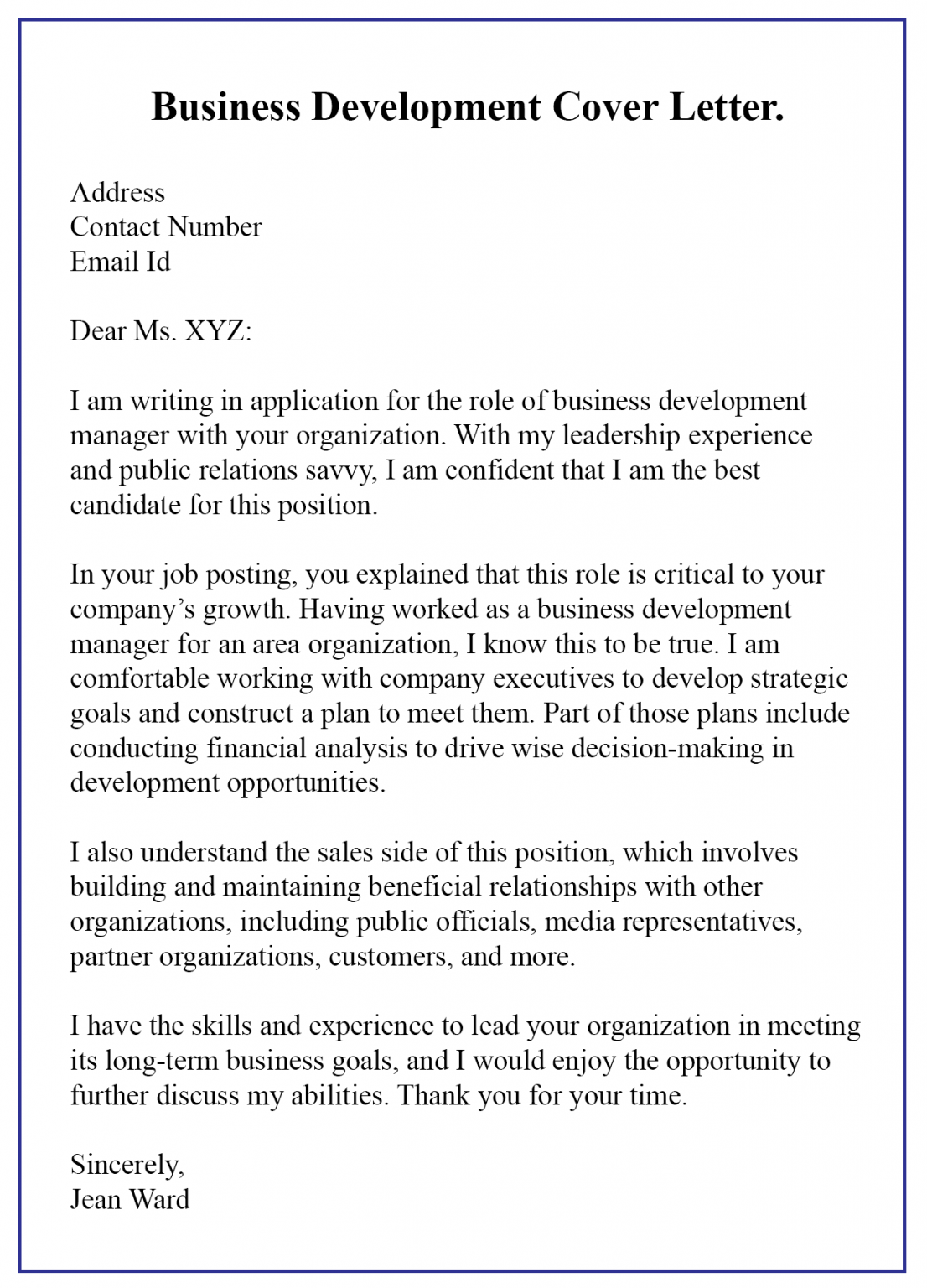 cover letter for a business development post