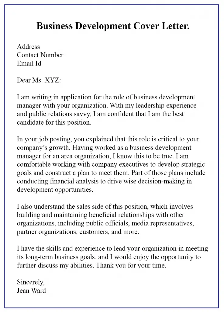 sample cover letter for development jobs