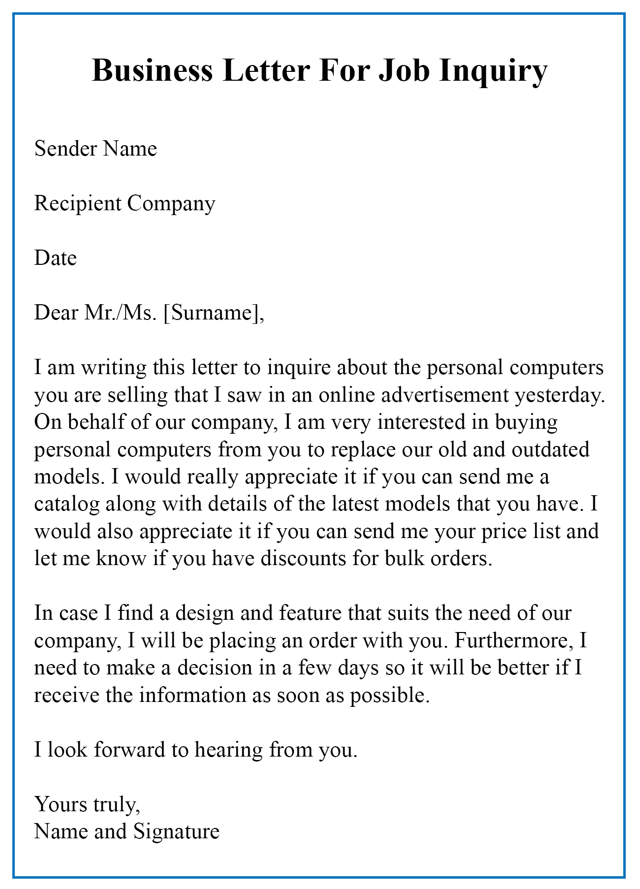 Business Letter For Inquiry Sample