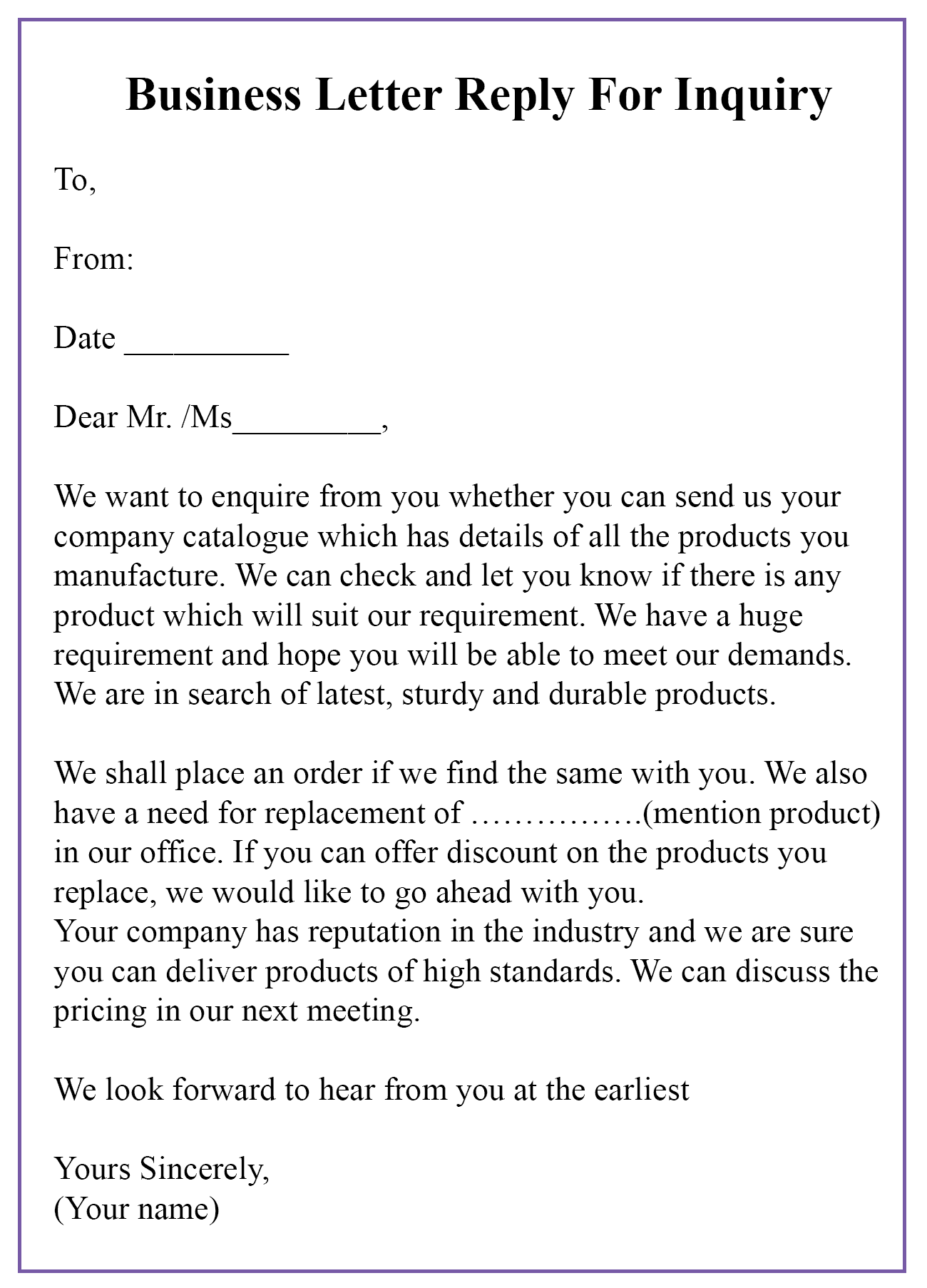 Inquiry Letter For Business